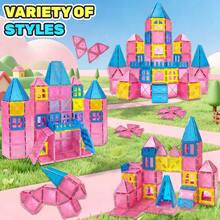 30/50/100pcs Medium Matte Pink Magnetic Window Tiles, Frosted Transparent Princess Castle Building Blocks, Girls DIY STEM Construction Toy, Toddler Birthday Holiday Gift - Multicolor - View 3