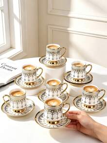 Set Of 6 Ceramic Coffee Cups And Saucers (90 Ml Each), Suitable For Use In The Microwave And Dishwasher; Includes Espresso Cups And Arabic Coffee Cups. Ideal For Afternoon Tea, Cafes, The Kitchen And Home Decor; The Perfect Gift. - Multicolor - View 6