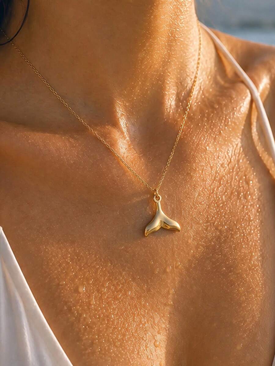 1pc Minimalist Gold & Silver Stainless Steel Fish Tail Pendant Necklace Chain, Suitable For Women To Wear During Work, Leisure, Outings, And Beach Vacations - Necklace - View 1