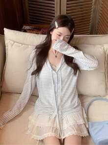 Women's Elegant Casual Striped V-Neck Cardigan Jacket, Autumn Sun Protection Top - Blue - View 6