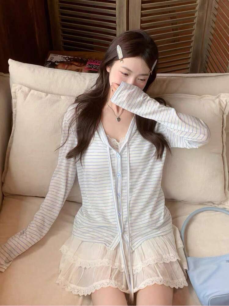 女款優雅休閒條紋V領開襟外套，秋季防曬上衣 - 藍色 - 查看 6