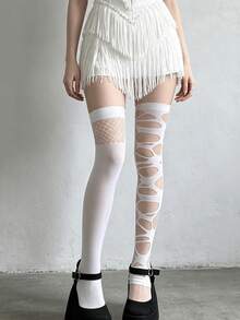 1 Pair Gothic Style Ripped Over-The-Knee Tights For Women - White - View 3