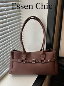 1pc Coffee Brown Metal Rivet Decor Large Capacity Solid Color PU Tote Bag Women's Shoulder Bag - Coffee Brown - View 2