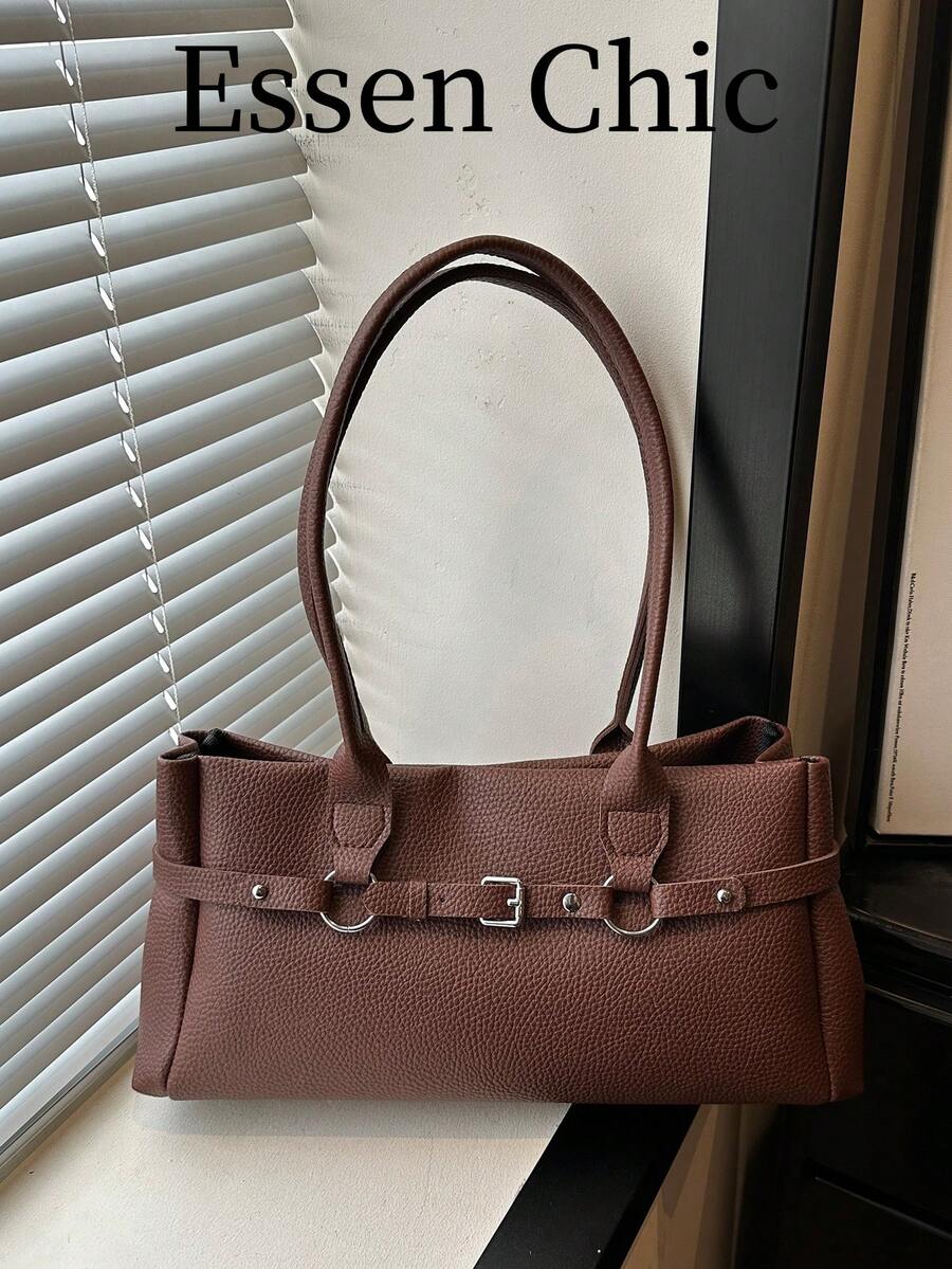 1pc Coffee Brown Metal Rivet Decor Large Capacity Solid Color PU Tote Bag Women's Shoulder Bag