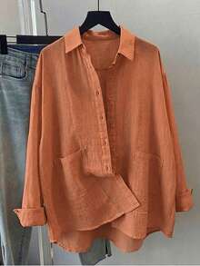Plus Size Women's Solid Color Long Sleeve Casual Loose Blouse, Spring/Summer - Orange - View 3