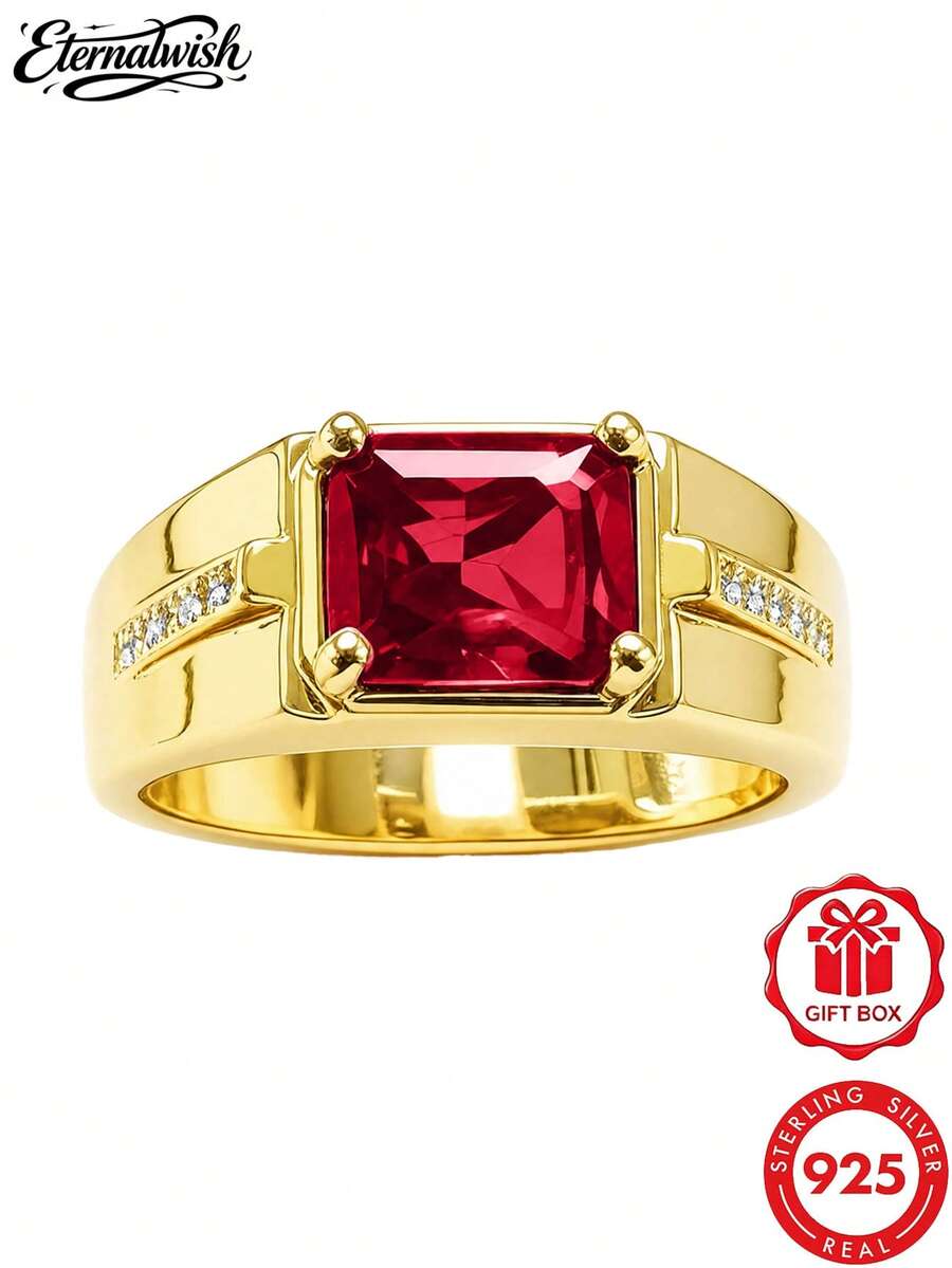 1pc 925 Sterling Silver Gold-Plated Square Cubic Zirconia Business Ring, Daily Wear Anniversary Gift, Comes With Gift Box