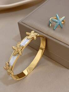 Summer Starfish Bangle Bracelets Oil Dripping Ring Set For Women Stainless Steel Golden Bangle Ring For Vacation Season Birthday Party Jewelry Gifts - Multicolor - View 2