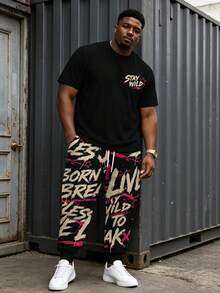 Plus Size Men's 2-Piece Set, Men's Long Pants, Graphic T-Shirt, Streetwear Series "Hip Hop Portrait Graffiti Font" Pattern Outfit - Polyester Fabric, Drawstring, Pockets, Suitable For Plus Size - Multicolor - View 4