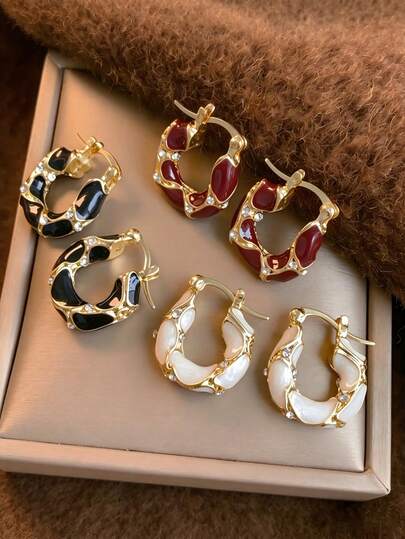 3-1 Pair Autumn/Winter Vintage Elegant Women's Fashion Earrings Set, Artificial Glass Enamel Oil Drop Design, Suitable For Daily, Holiday, Ball Party