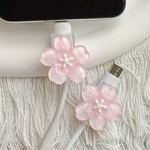 2pcs Cute Sakura Flower Cable Protector Set For Smartphone Charging Cords, TPU Material, No Battery, Universal Fit Cable Saver - 3D Flower - View 4