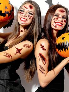 zillor 12 Peças Adesivos de Tatuagem Temporária 3D de Halloween para Adultos, Tatuagens Realistas de Ferida Sangrenta, Cicatriz e Crosta de Horror, Conjunto de Maquiagem Corporal e Facial de Halloween, Adereços de Pegadinha para Festa à Fantasia, Festa de Cosplay para Adultos, Suprimentos de Presente para Decoração de Festa de Halloween - Vermelho - Visão 7