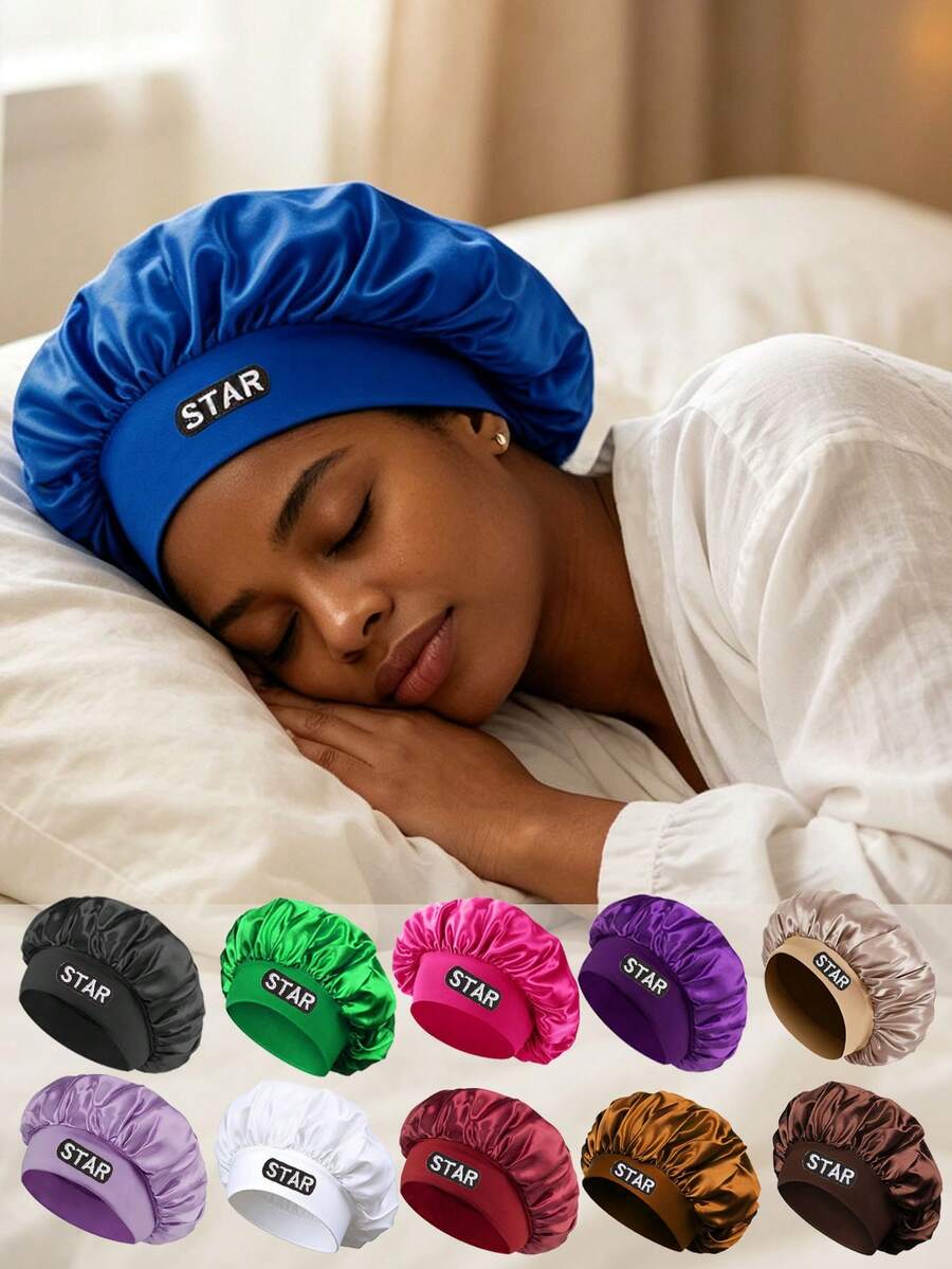 1Pc "STAR" Letter Satin Summer Sleeping Cap, Head Scarf, Lightweight Hair Care Cap, Print Satin Sleep Wide Elastic Band Silky Hair - Multicolor - View 1