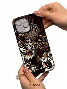 GIIPPA 1pc Black Base With Red Floral Texture And Tiger Pattern Design, Phone 17 Pro Max Phone Case, Compatible With Phone 16 Pro Max, 15 Pro Max, 14 Pro Max, Korean Style High-End Fashion Fun Phone Case, Compatible With 11/12/13/14/15/16 Pro Max Plus, Elegant Design Suitable For Men And Women, Perfect Gift For Girlfriend On Christmas, Valentine's Day, Easter, Wedding Season And Birthday! - Black - View 4