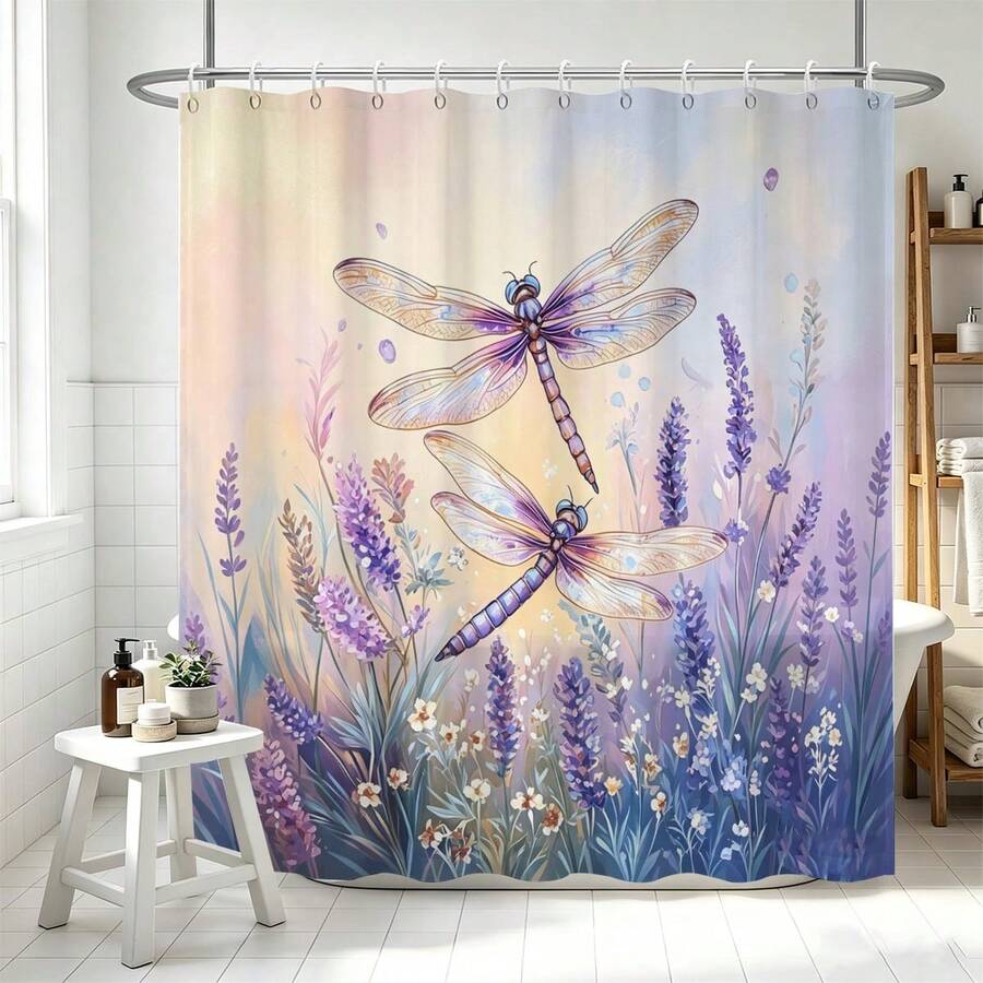 1 Stück Aquarell Lavendel Libelle Mehrgrößen Muster Duschvorhang Geeignet für Badezimmer Dekoration, Badezimmer Vorhang Leicht zu reinigen, exquisite Heimdekoration, Badezimmer Trennvorhang, dekorativer Duschvorhang, Badezimmer Zubehör Heimdekoration Geschenk inklusive 12 Haken - Verschiedenfarbig - Übersicht 1