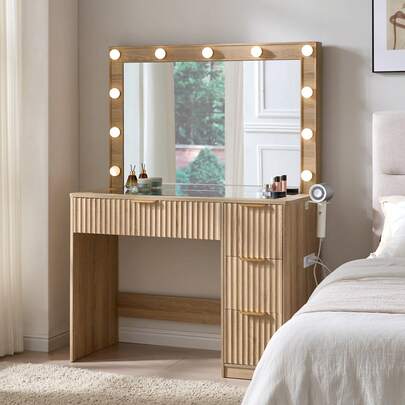 Coiffeuse 36,2 po avec miroir éclairé, table de maquillage avec 7 tiroirs, plateau en verre trempé, station de charge, support pour sèche-cheveux, miroir LED 3 couleurs, coiffeuse en bois pour chambre à coucher