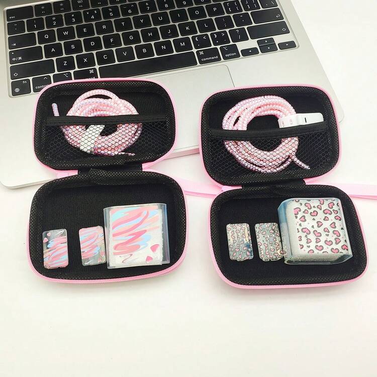 6pcs Pink Watercolor Heart & Leopard Print Data Cable Protector Set With Watercolor Heart & Leopard Print Storage Bag, Matching Pattern Charger Head Protector, Laser Gradient Data Cable & Cable Clip, Shockproof & Drop-Resistant Portable Handheld Storage Bag, Can Store Earphones & Fast Charging Power Bank, Gentle Style Student Commute All-In-One Data Cable Protection Set - View 6