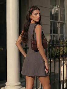 VINOVA Women's Business Casual V-Neck Pinstripe Sleeveless Mini Dress, Suitable For Office Commute Summer Professional Workplace Style Dress - Brown - View 2