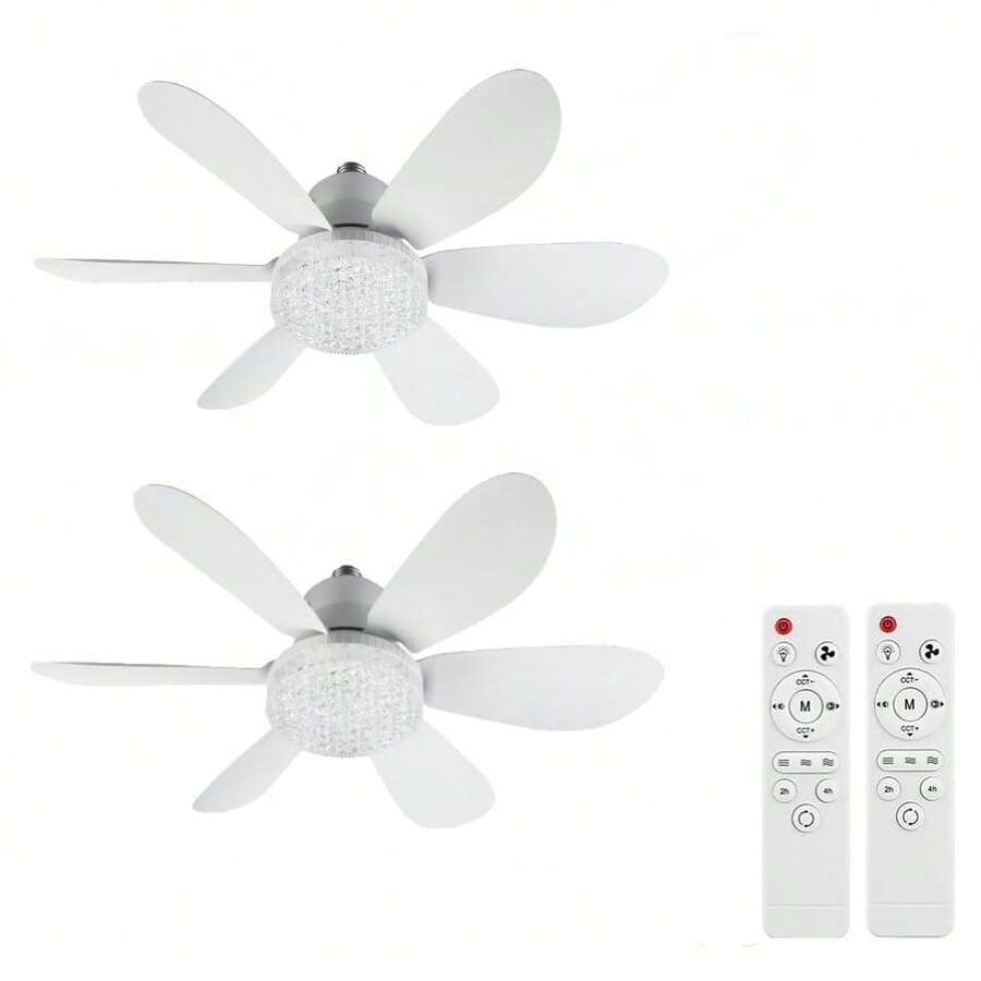 2 Piazes Ventilador de techo para con control remoto Pequeño ventilador de bombilla LED, bombillas de ventilador creativas para reemplazo, luz ambiental para el hogar, dormitorio,súper silencioso, viento fuerte, cabeza de luz E27, con función de memoria - cristal - Ver 1