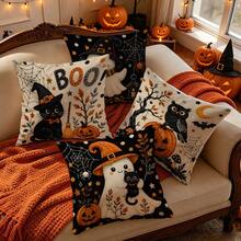 4pcs/1pc Cartoon Ghost Black Cat Halloween Pattern Pillowcase, Single-Sided Printed Pillowcase, Suitable For Living Room Bedroom Home Decor, All Season Pillowcase - Multicolor - View 6
