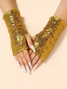 1 Pair Sequin Fingerless Arm Warmers Half Finger Gloves For Women, Nightclub Party Stage Performance Accessory - Gold - View 7