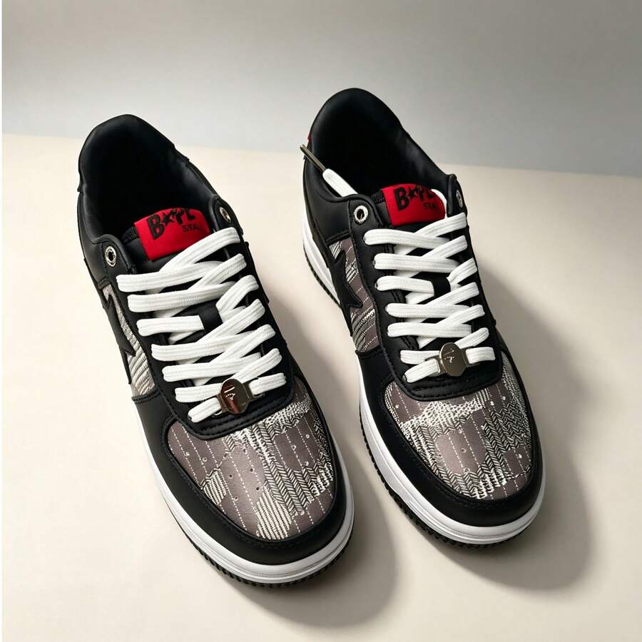A BATHING APE Bape 休闲滑板鞋，撞色星形Logo亮面休闲运动鞋，黑红格子，男女通用
