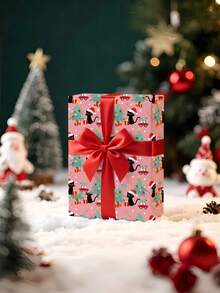 1 Roll Of Christmas Gift Wrapping Paper Featuring A Black Cat Or Christmas Tree Theme On A Pink Background; Made Of Coated Paper; Dimensions: 43 Cm X 300 Cm; Suitable For Wrapping Christmas Gifts, Christmas Party Decorations, And Holiday Gifting. - A - View 4