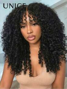 UNice 7x5 Bye Bye Slip™ Lace Face-Framing Wispy Bangs Curly Texture Drawstring Wig With Finger Coil Ends Pre Plucked Pre Cut Bleached Knots Ready To Wear Beginner Friendly For Women Put On And Go Summer Natural Black 150% Density - Natural Black - View 2