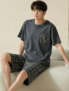 AICJ 2pcs Men's Solid Color Casual Loose Minimalist Pocket Round Neck Short Sleeve Plaid Shorts Pajama Set, Suitable For Spring & Summer, For Him - Dark Grey - View 1