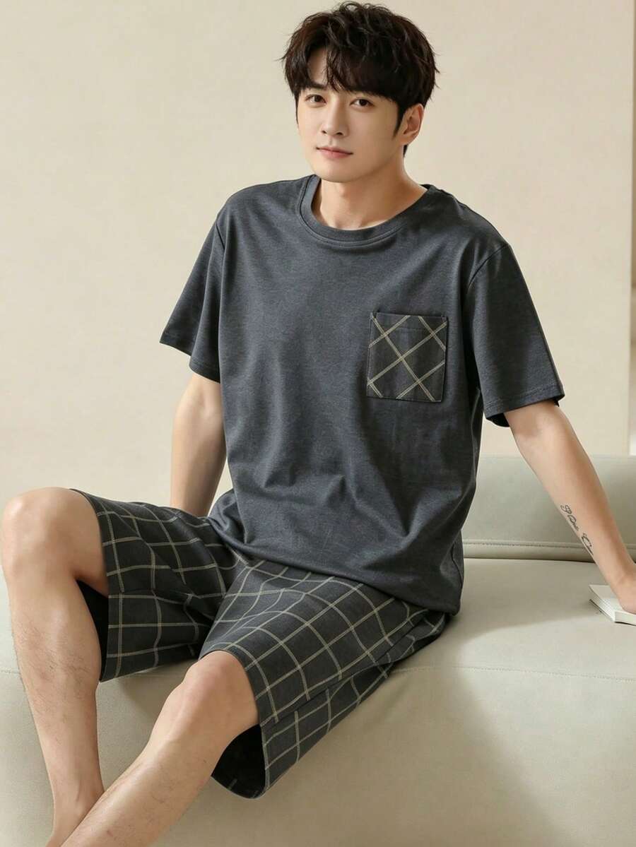 AICJ 2pcs Men's Solid Color Casual Loose Minimalist Pocket Round Neck Short Sleeve Plaid Shorts Pajama Set, Suitable For Spring & Summer, For Him - Dark Grey - View 1