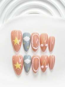 10片裝極簡手工穿戴甲，Polygel美甲套組，櫻桃、星星與雲朵圖案，粉色、藍色與黃色指甲油，甜美風格，附美甲工具，3種尺寸可選，方形、短方形、杏仁形，適合派對、跳舞、日常配戴 - 彩色 - 查看 3