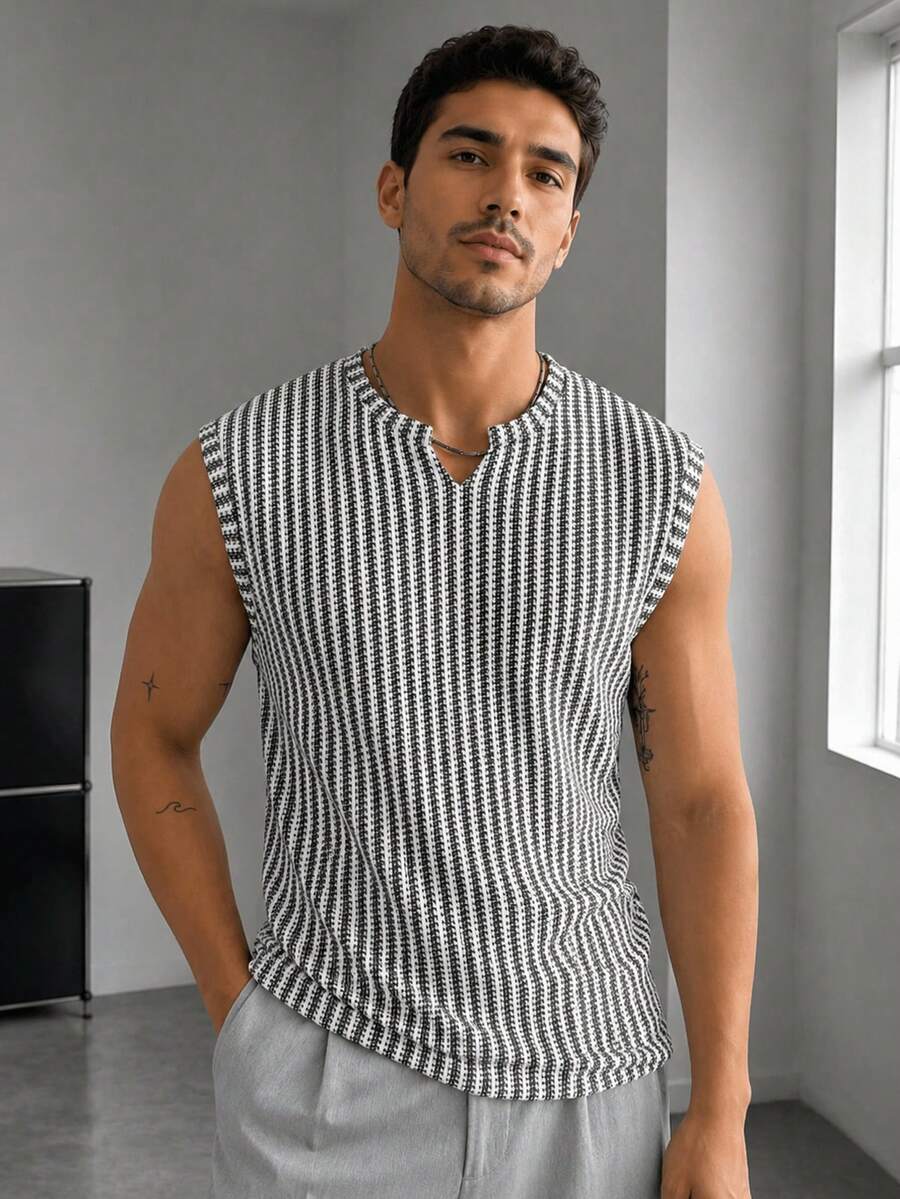 Blueprint Man 1pc Men's White Fishbone Pattern V-Neck Tank Top, Textured Comfortable Lightweight Knit Sleeveless Vest, Old Money Style Minimalist Versatile For Daily Commute, Business Casual, Vacation And Multiple Occasions - White - View 1