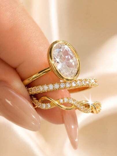 3pcs Set 18K Gold Plated Women's Luxury Fashion High-End Dazzling Stackable Ring Jewelry Set, Copper With Rhinestones, Suitable For Daily Wear, Party, Gathering, Holiday Gift For Friends, Family And Relatives