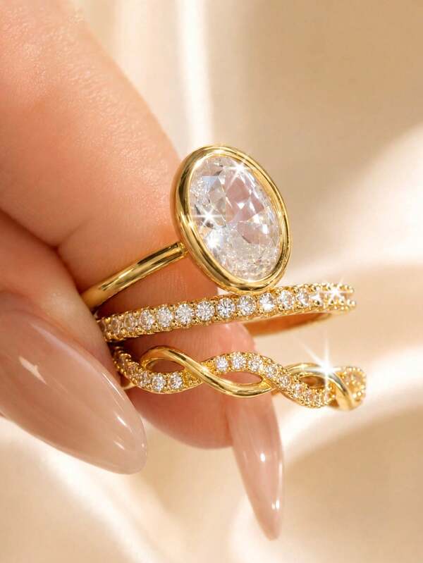 3pcs Set 18K Gold Plated Women's Luxury Fashion High-End Dazzling Stackable Ring Jewelry Set, Copper With Rhinestones, Suitable For Daily Wear, Party, Gathering, Holiday Gift For Friends, Family And Relatives