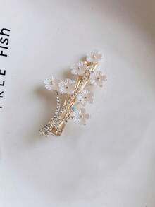 Elegant Sakura Flower Hair Clip With Rhinestones For Women, Graceful Side Bangs Hairpin Accessories - Gold - View 5