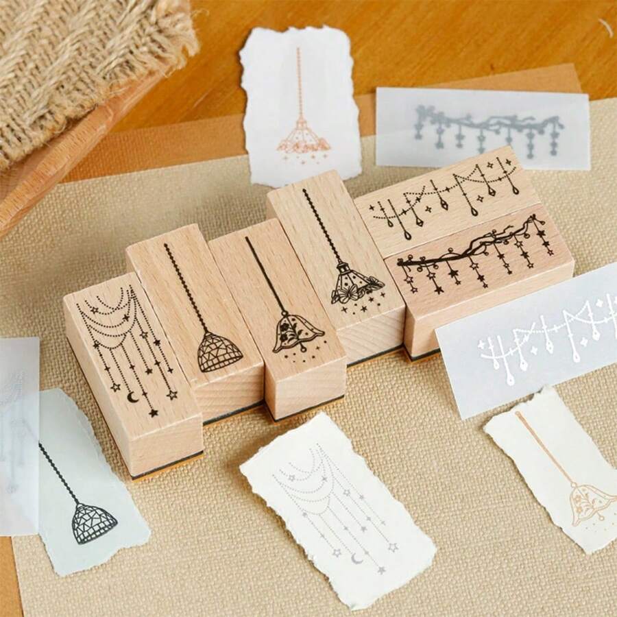 Vintage Hanging Lamp Star Garland Wooden Stamp For Teen Girls Students Daily Journal Planner Frame Mat Card Making Gift Tag Envelope Decoration Collage Background Border Divider Embellishment - A - View 1