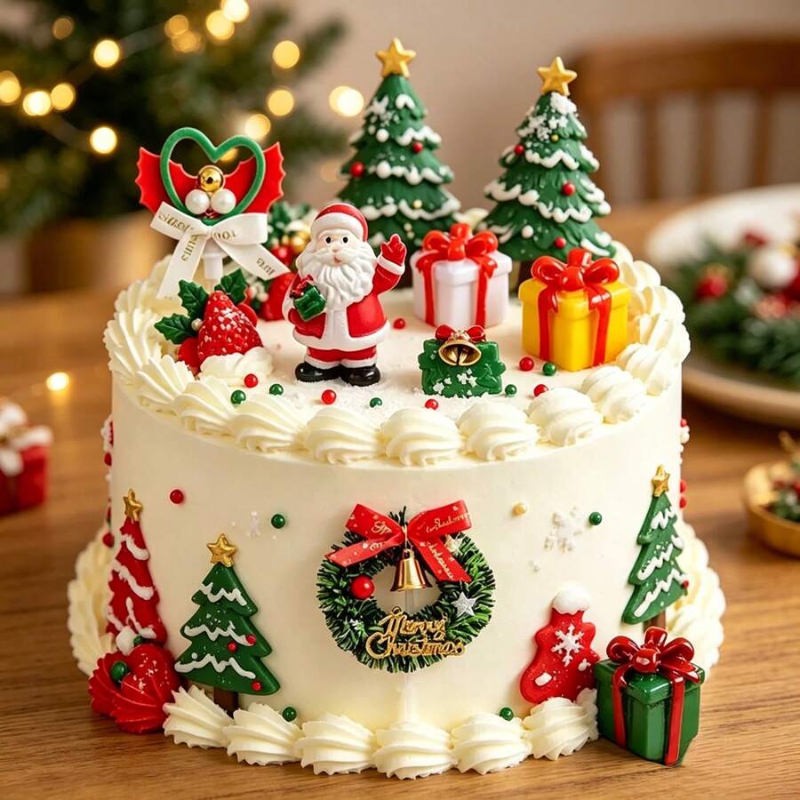 20pcs Colorful Contrast Christmas Theme Cake Topper Set, Complete Birthday Cake Decoration Accessories - Multicolor - View 1