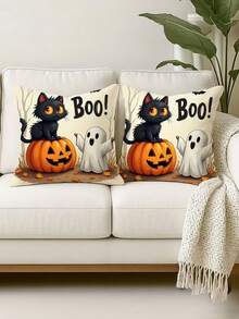 1/2/4pcs Cute Halloween Pillow Covers, Cartoon Black Cat Ghost Pumpkin Boo Letter Square Cushion Covers, Suitable For Farmhouse Sofa, Autumn Halloween Home Decor - Multicolor - View 1