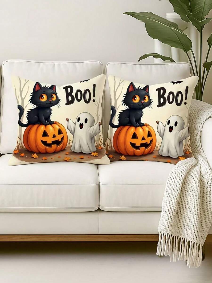 1/2/4pcs Cute Halloween Pillow Covers, Cartoon Black Cat Ghost Pumpkin Boo Letter Square Cushion Covers, Suitable For Farmhouse Sofa, Autumn Halloween Home Decor - Multicolor - View 1