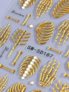 2 feuilles d'autocollants pour ongles 5D gaufrés auto-adhésifs Halloween, rayures crâne et côtes dorées métalliques, décalcomanies pour ongles gothiques punk horreur, décoration d'ongles pour cosplay, salon, maison et vacances, accessoires pour ongles DIY - Doré - Voir 8