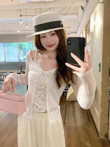Korean Style White Off-Shoulder Long Sleeve T-Shirt Women's Summer Sun Protection Sheer Top Floral Camisole Set - White - View 5