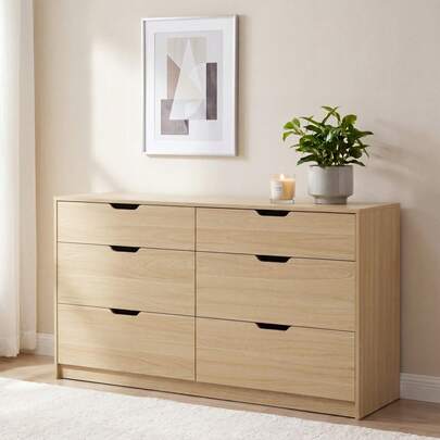 47.24 Inch Modern Handleless 6 Drawer Dresser, Wide Chest Of Drawers With Recessed Cutout Pulls, Wooden Storage Dresser Cabinet For Bedroom & Nursery, White, Black, Dark Wood, Natural Oak