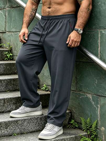 1Pc Men's Plus Size Summer Casual Pants, Stretch Drawstring Waist, Straight-Leg Trousers With Zipper Pockets, Suitable For Daily & Outdoor Wear