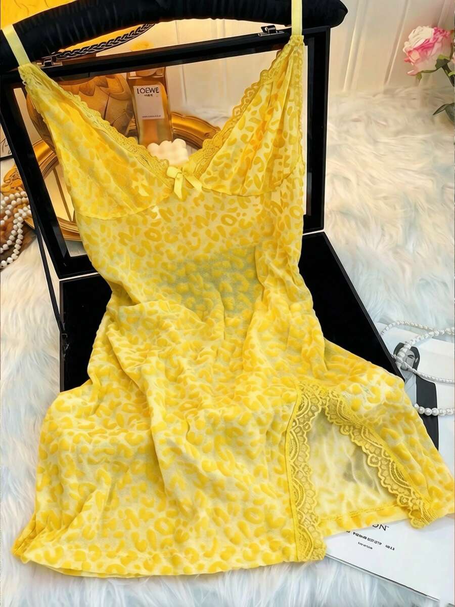 Vestido lencería sexy mini ajustado de malla transparente con estampado de leopardo - Amarillo - Ver 1
