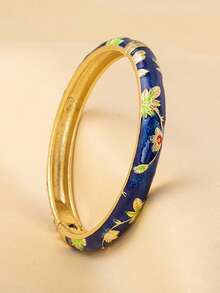 1pc Vintage Style Gold Floral Enamel Bangle, Gold Bracelet, Jewelry Accessory For Girls And Women, Suitable For Daily Wear And Holidays - Multicolor - View 2