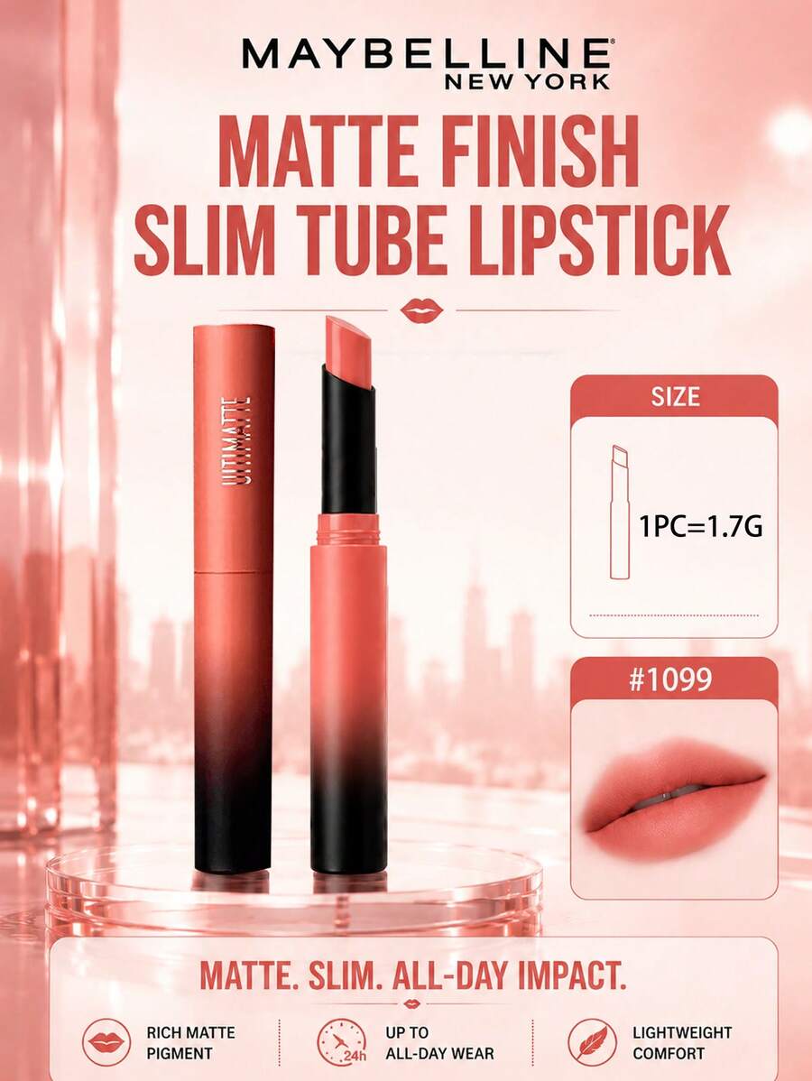 Maybelline 美寶林 Matte Mist Slim 顯色唇膏 #1099 1.7g，巧克力色調，霧面妝效，不乾澀，輕盈絲滑，豐盈唇部，適合日常上鏡妝容
