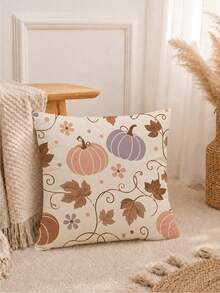 MEMNUN 1pc Pink Purple Vine Autumn Leaf Small Pumpkin Waffle Pillowcase 45*45cm Made Of Polyester Material Simple Line Autumn Fruit And Floral Print Cushion Cover Single-Sided Print Hidden Zipper Polyester Decorative Pillowcase Without Pillow Insert Living Room, Sofa, Bedroom, Car Home Decor - Multicolor - View 9