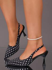Black Polka Dot Pointed Toe Slingback Heels For Girl, Elegant Flared Thin Heel Pumps, Summer Chic Footwear For Outing, Party & Holiday Events - Black - View 4