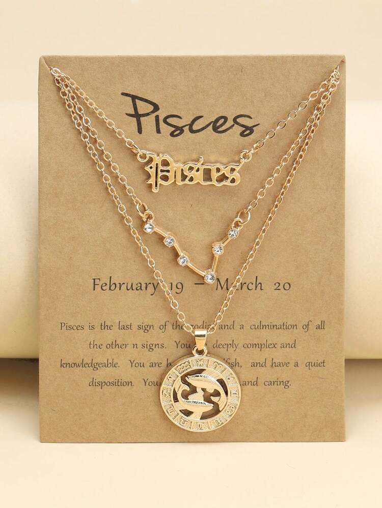 3pcs Stackable Zodiac Symbol Pendant Collarbone Chain Necklace Set, Birthday Gift For Women, Gold Plated Necklace Set - Yellow Gold - View 10