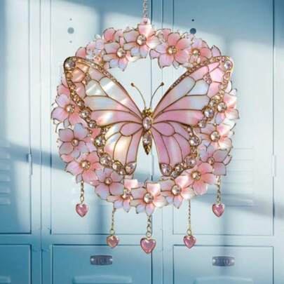 Butterfly Flower Wreath Acrylic Suncatcher, Flower Suncatchers For Window Hangings, Stained Glass Effect Garden Decor, Gift For Mother's Day, Mom, Grandma, Wife, Women