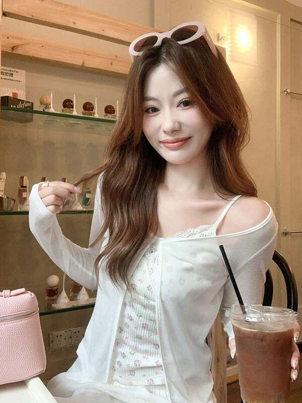 Korean Style White Off-Shoulder Long Sleeve T-Shirt Women's Summer Sun Protection Sheer Top Floral Camisole Set